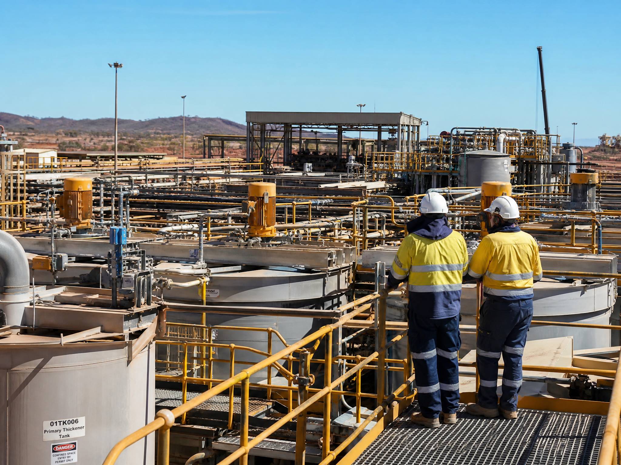 An industrial lithium processing plant in Western Australia. Faceless workers in safety gear and hard hats monitoring large chemical tanks. High-tech machinery, dusty but modern industrial setting.
