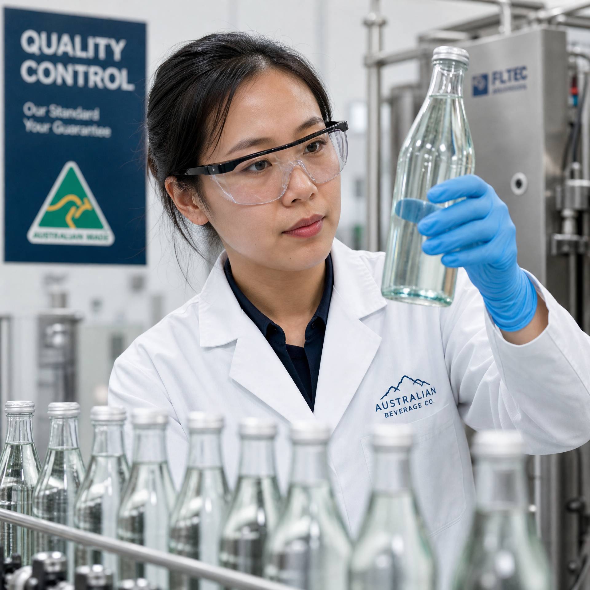 A close-up of a professional Asian Chinese technician in a white lab coat performing quality control on a beverage production line in Australia. Stainless steel equipment, clear glass bottles, focused expression, bright laboratory lighting.