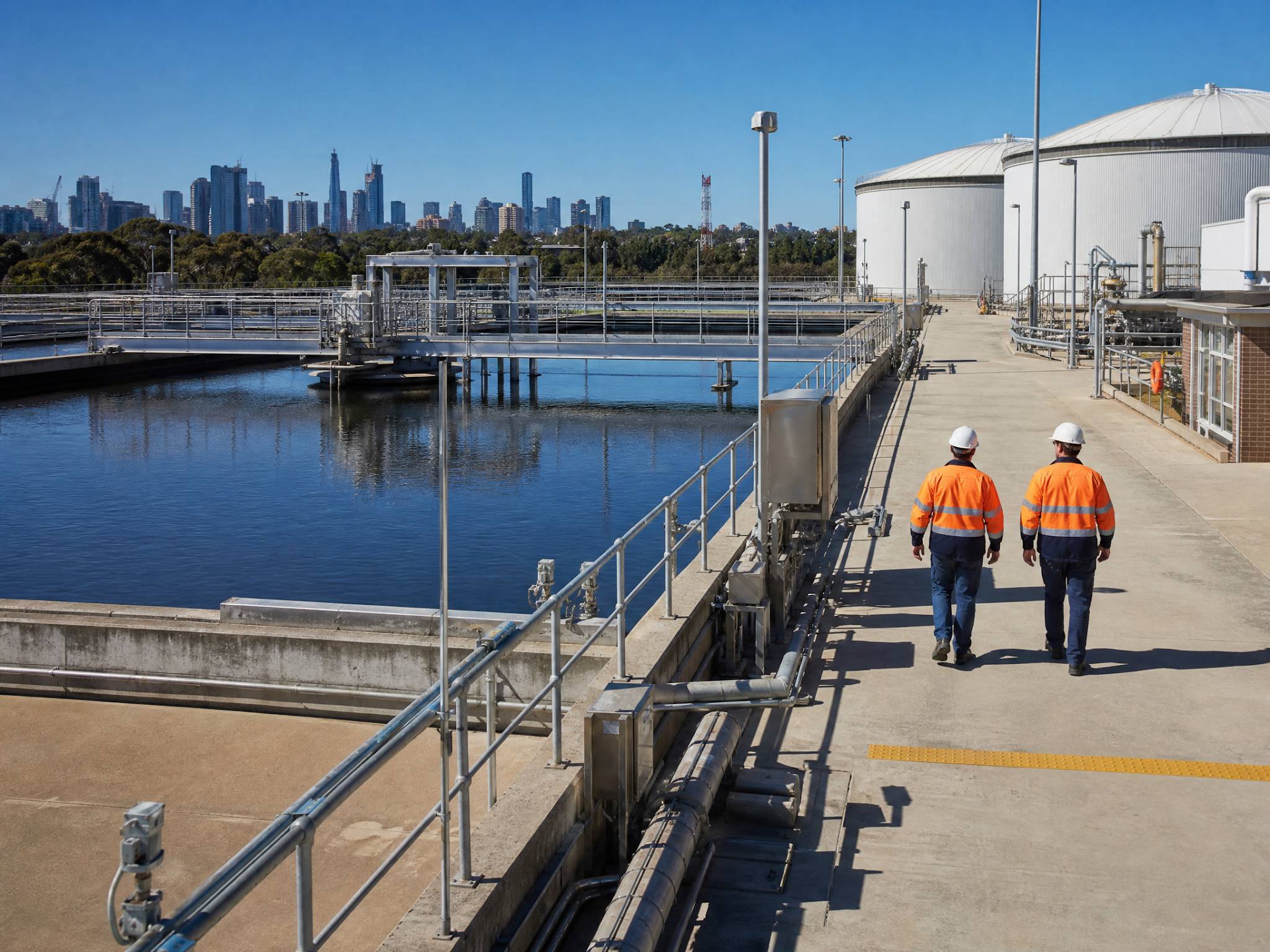 A large-scale municipal water treatment facility in an Australian city. Faceless technicians in safety gear walking near large filtration tanks. Clean, industrial, modern environment.