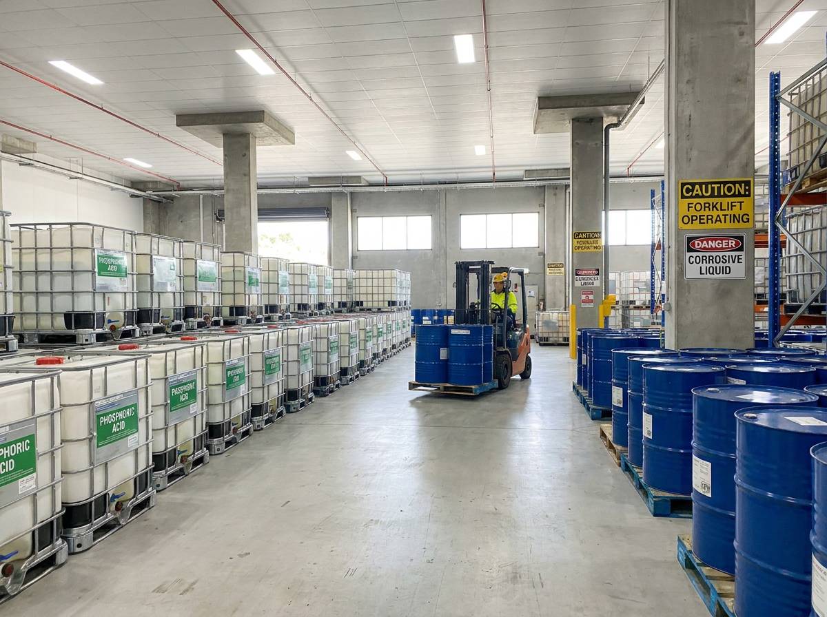 A clean, well-organized industrial warehouse in Australia with neatly stacked IBC totes and drums of phosphoric acid. Faceless worker in the background using a forklift. Safety signs in English, bright lighting.
