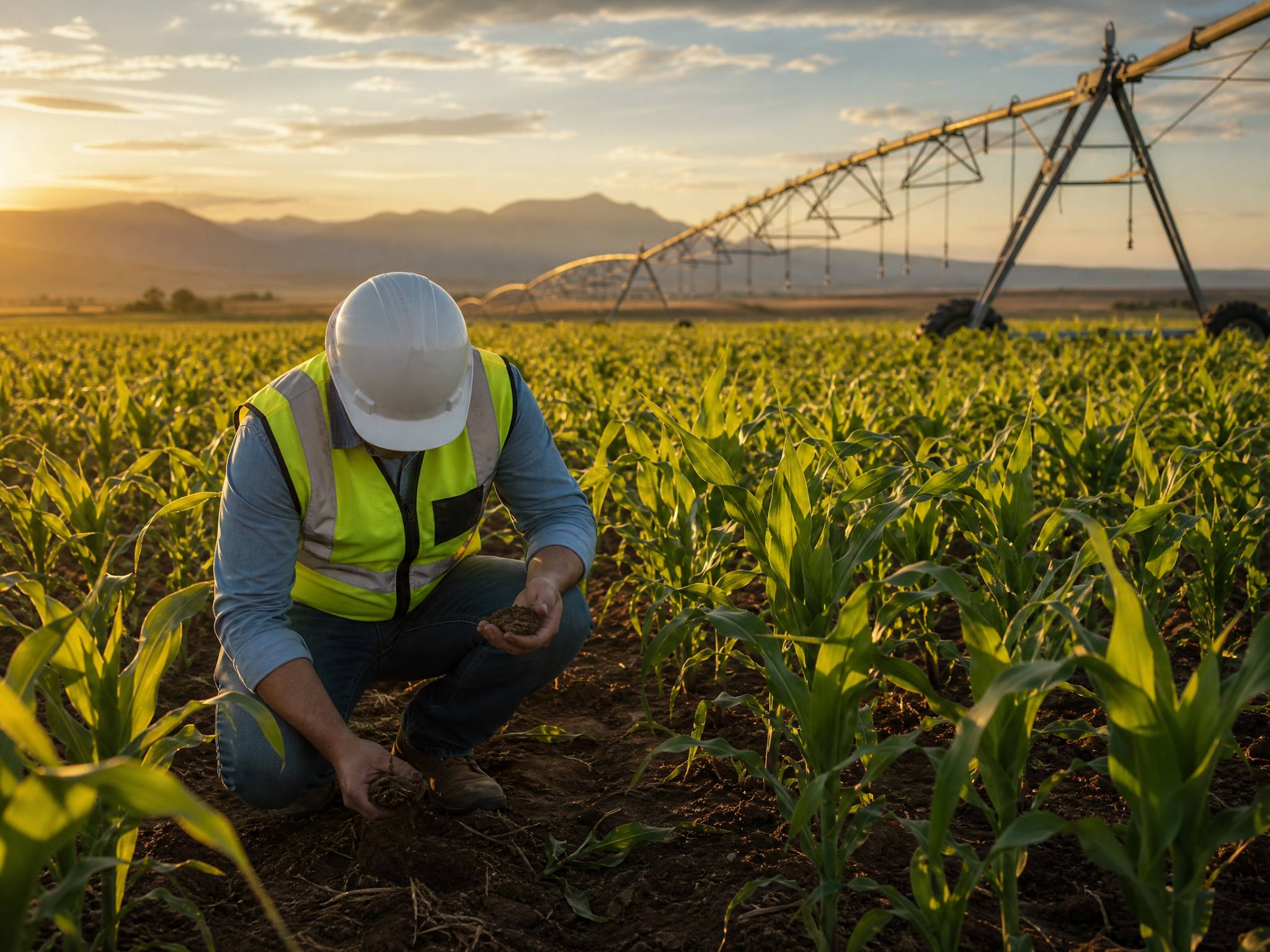 Country Profile - South Africa: Phosphoric Acid Usage 2 A vast South African maize field with a modern center-pivot irrigation system in the background. A faceless agricultural expert in safety gear is inspecting the soil and crops. The scene is captured during golden hour lighting, showcasing a scenic landscape in a photorealistic style.