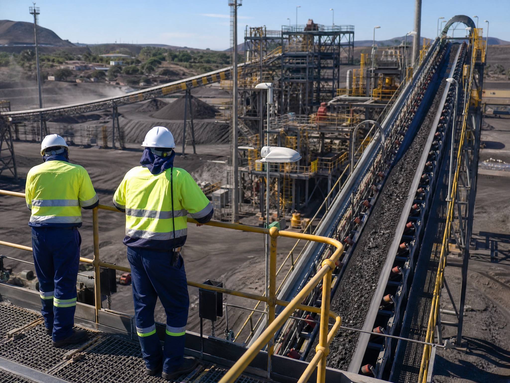 Country Profile - South Africa: Phosphoric Acid Usage 3 A large-scale mining and mineral processing facility in South Africa. Faceless workers in high-visibility gear are monitoring a conveyor belt system. The environment is industrial and dusty but features modern equipment, captured in a photorealistic style.