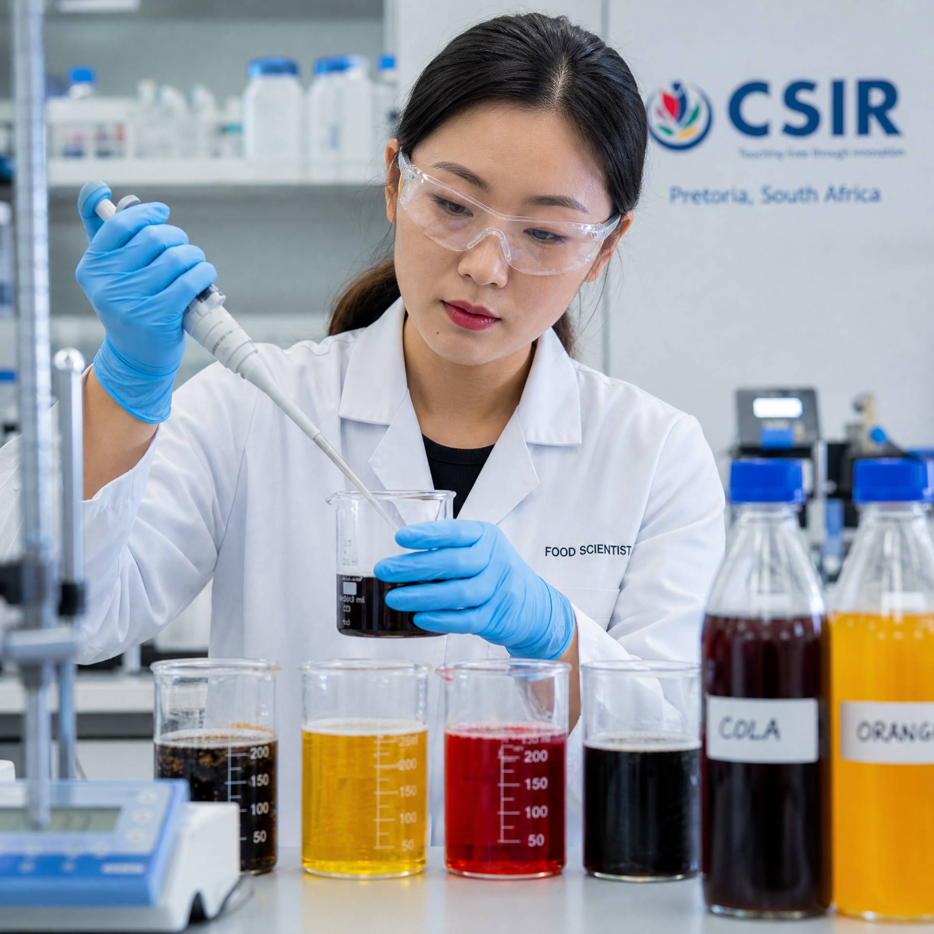 Country Profile - South Africa: Phosphoric Acid Usage 4 A close-up of a professional Asian Chinese food scientist in a clean laboratory in South Africa, meticulously performing tests on soft drink samples. The scene features modern lab equipment, clear glass beakers, a focused expression on the scientist's face, and bright laboratory lighting.
