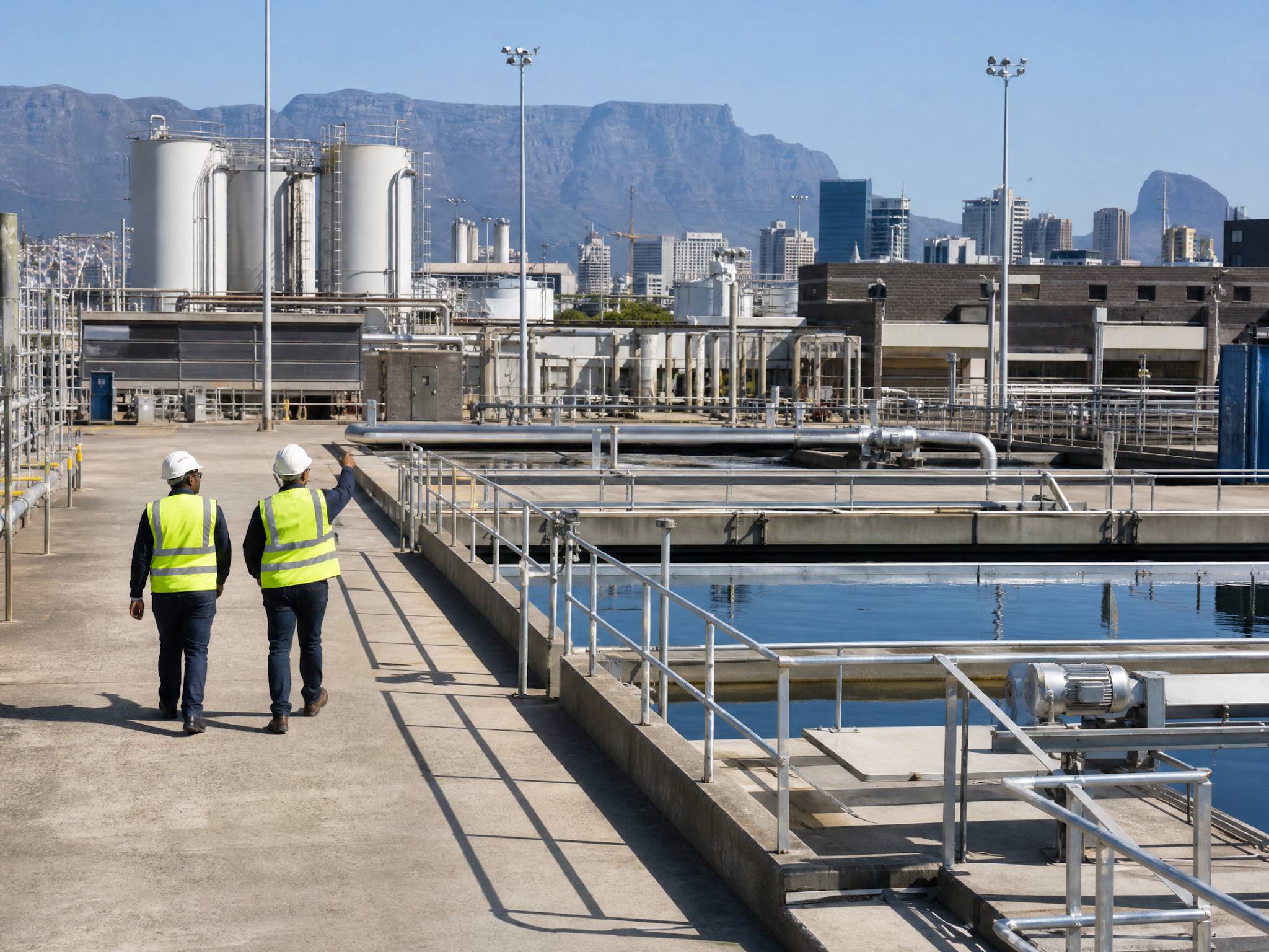 Country Profile - South Africa: Phosphoric Acid Usage 5 A modern municipal water treatment facility in a South African city like Cape Town or Johannesburg. Faceless engineers in safety gear are walking near large purification tanks. The scene is set on a sunny day, showcasing an industrial aesthetic in a photorealistic style.