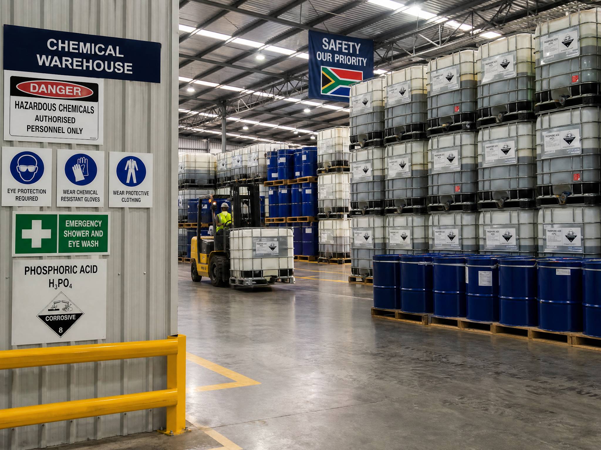 Country Profile - South Africa: Phosphoric Acid Usage 6 A large, well-organized chemical warehouse in South Africa. Neatly stacked IBC totes and drums of phosphoric acid are visible. A faceless worker in the background operates a forklift. Safety signs in English are prominent, and the area is brightly lit, captured in a photorealistic style.