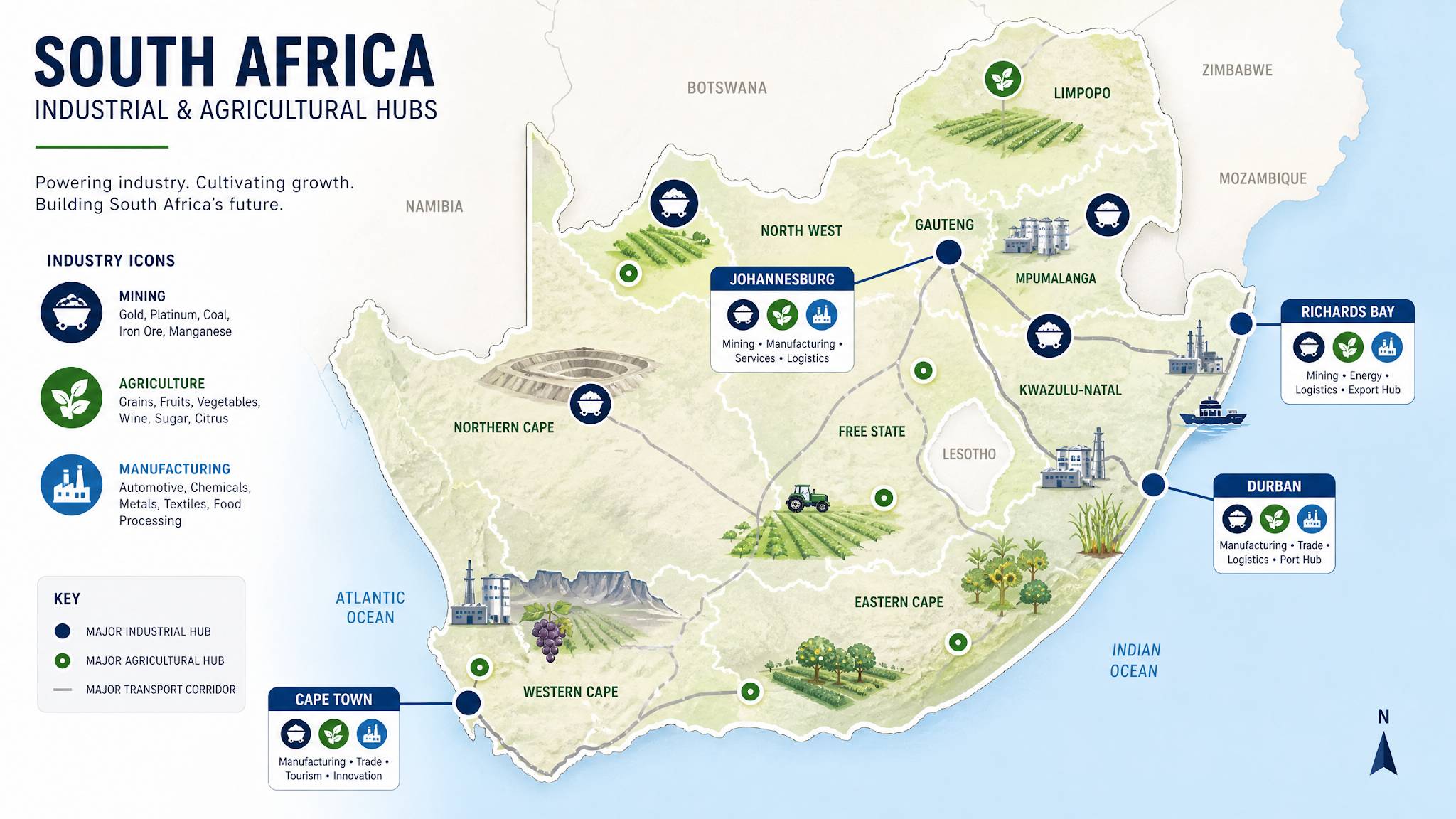 Country Profile - South Africa: Phosphoric Acid Usage 7 A clean, professional infographic map of South Africa highlighting major industrial and agricultural hubs such as Johannesburg, Durban, Cape Town, and Richards Bay. The map includes simple icons representing mining, agriculture, and manufacturing, presented in a modern corporate style with clear labels.