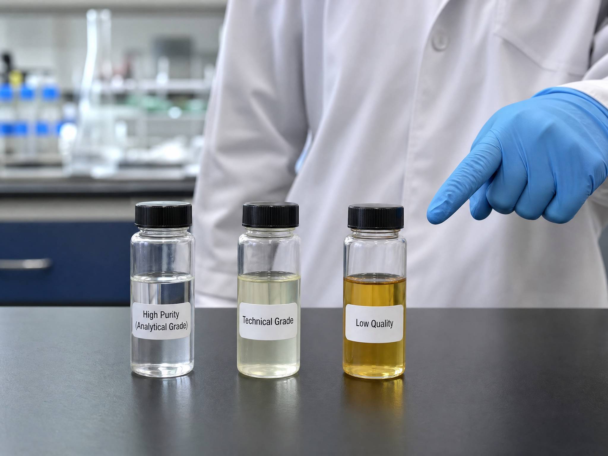 A row of three glass vials on a laboratory bench. The first vial contains crystal-clear liquid (high purity), the second is slightly off-white (technical grade), and the third is noticeably yellow-brown (low quality). A faceless technician is pointing at the third vial. Comparison, clear, photorealistic.