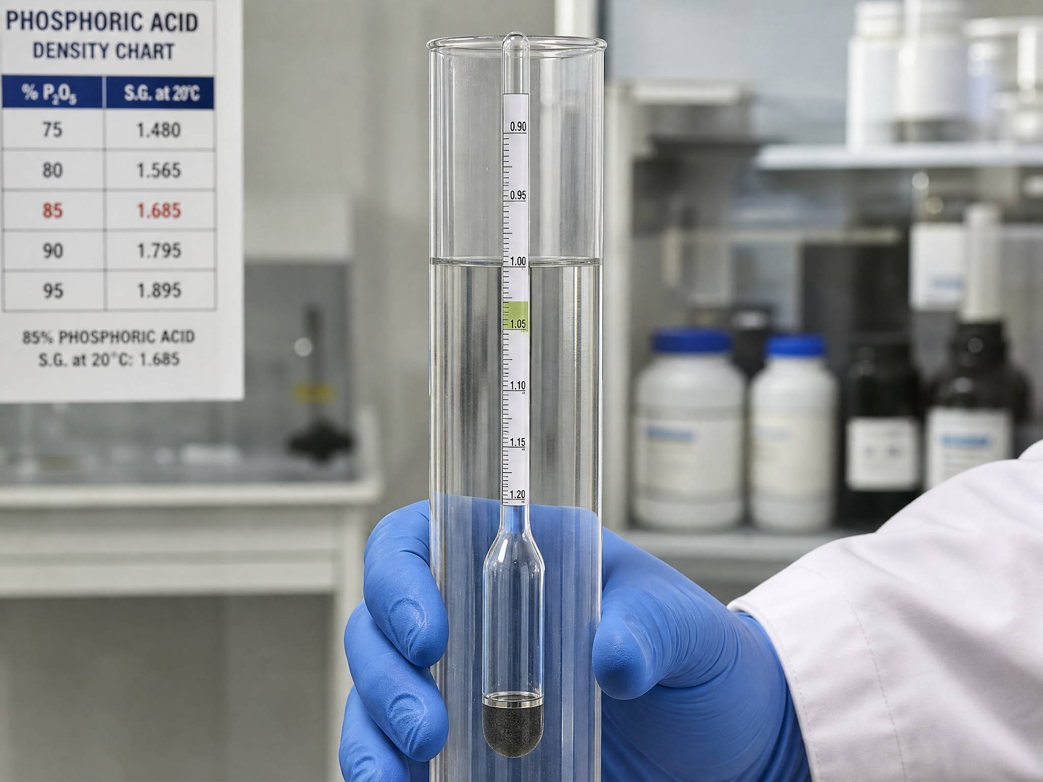 A close-up of a glass hydrometer floating in a tall cylinder filled with a clear liquid. The hydrometer's scale is clearly visible, indicating a reading that is lower than the standard for 85% phosphoric acid. A faceless hand in a white lab coat is holding the cylinder. Scientific, detailed, photorealistic.