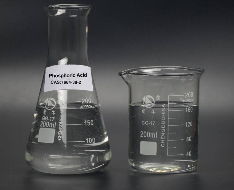 A professional Asian Chinese chemist comparing two beakers of phosphoric acid, one 85% and one 75% concentration.