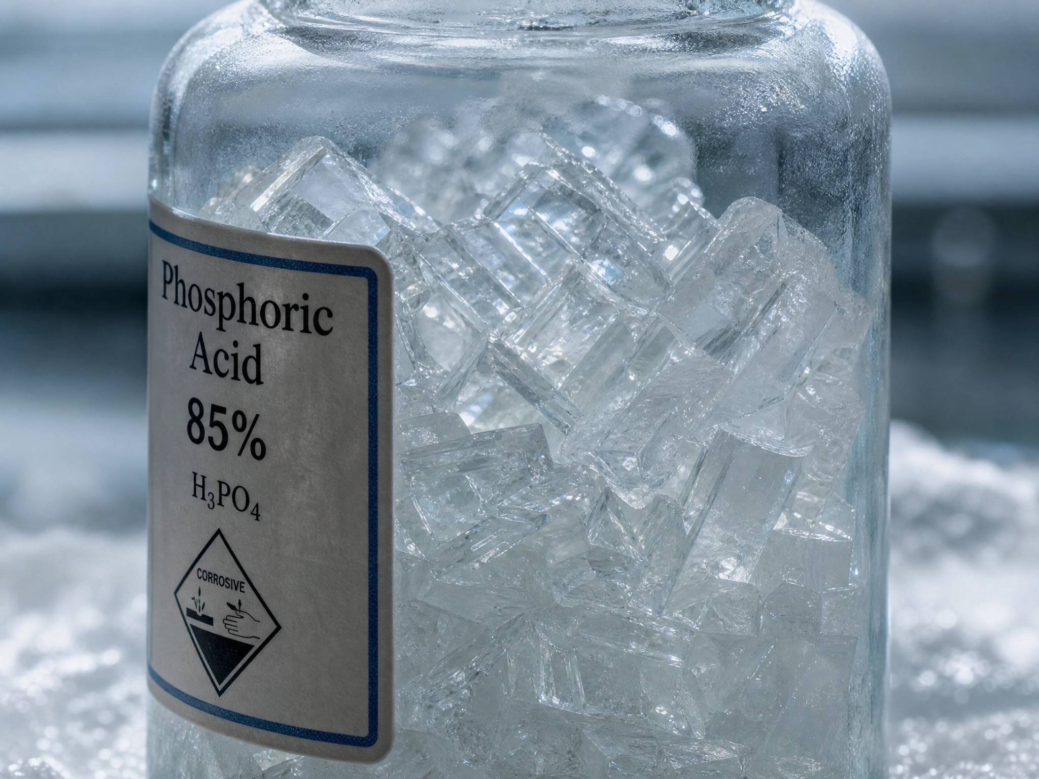 A glass container showing 85% phosphoric acid that has crystallized due to cold temperatures.