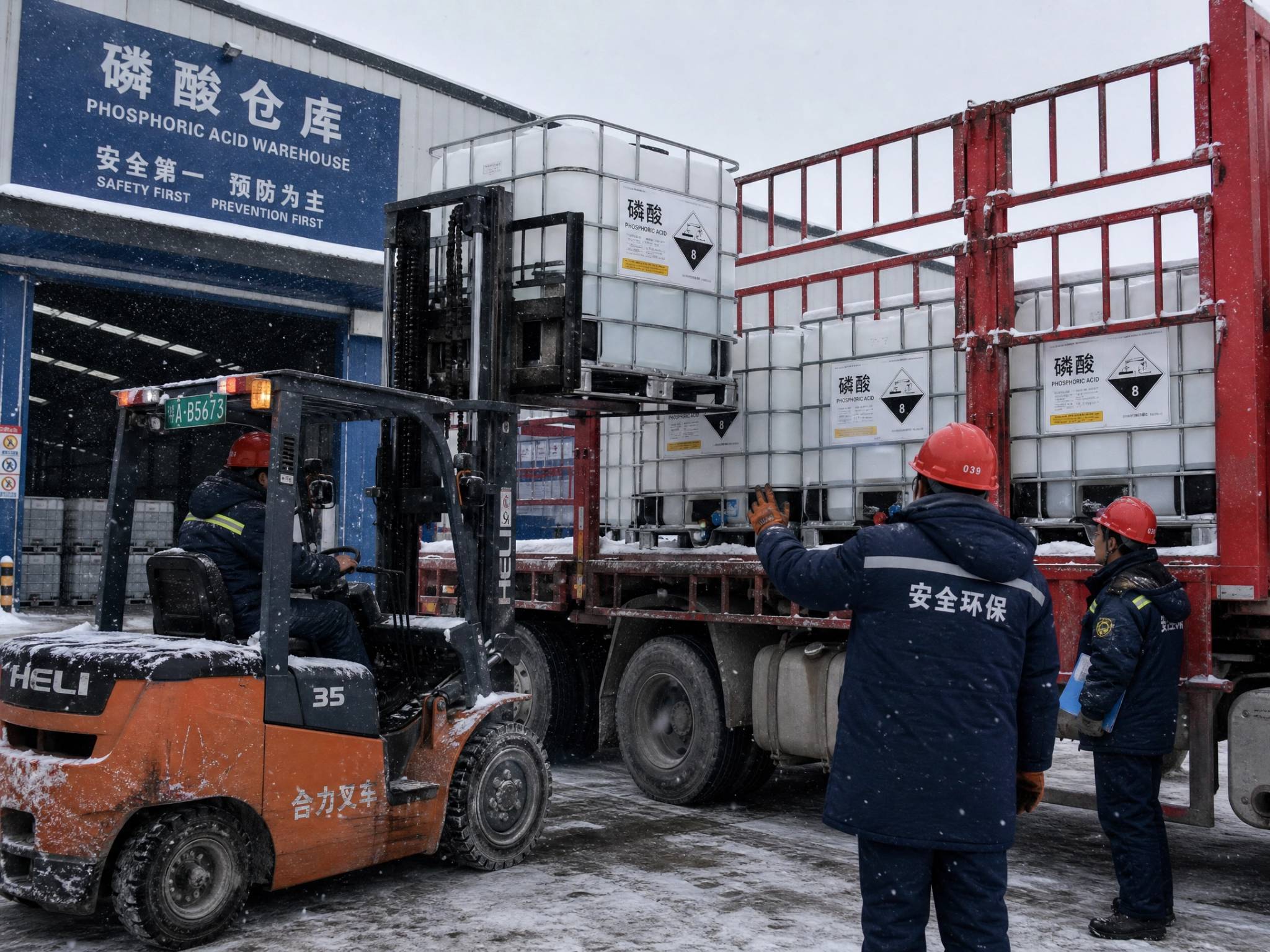 Asian Chinese workers loading IBC totes of phosphoric acid onto a truck in a snowy industrial warehouse.