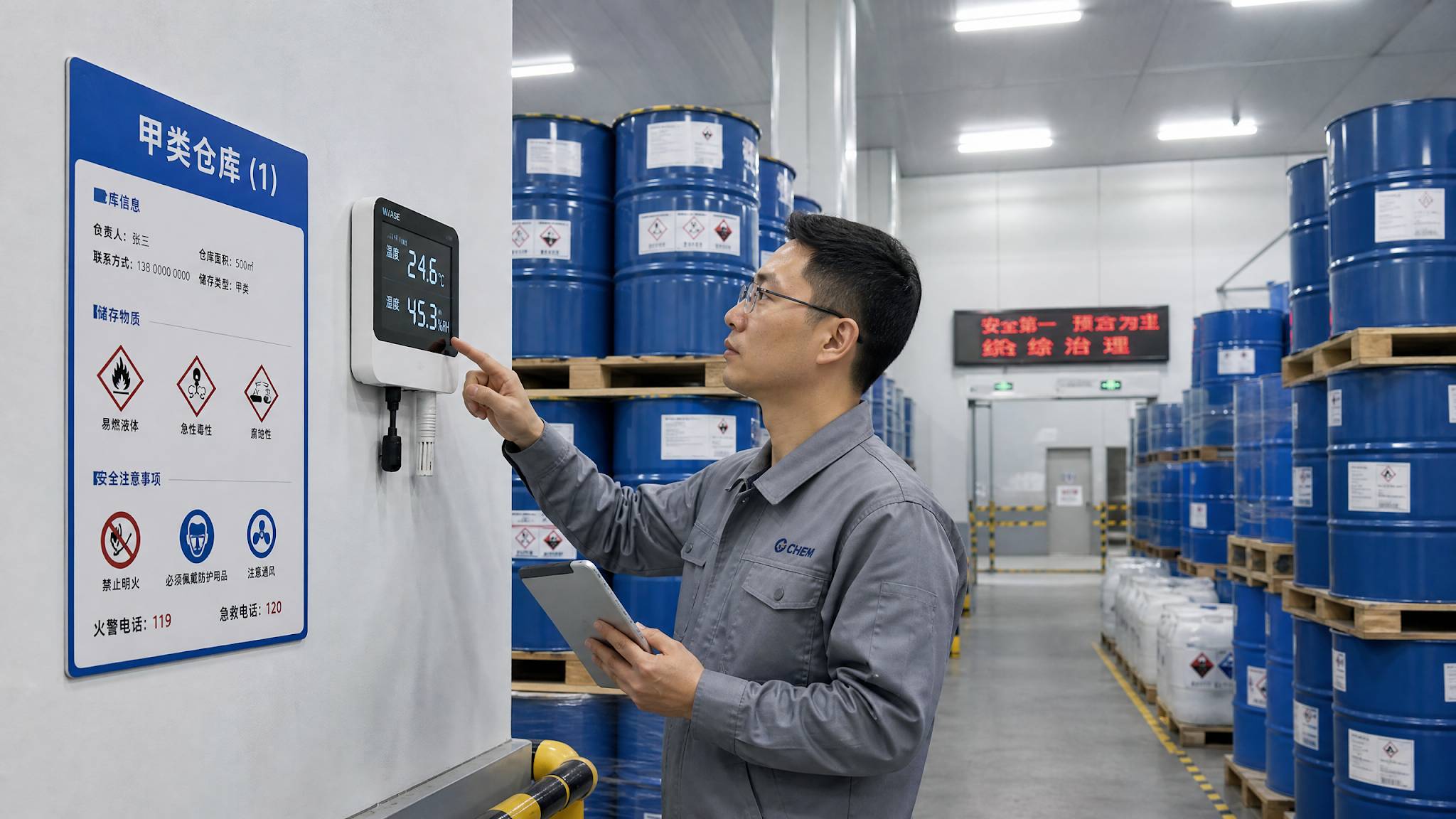 A professional Asian Chinese inventory manager in a modern, climate-controlled chemical warehouse. They are checking a digital thermometer and humidity sensor mounted on a wall near rows of neatly stacked chemical drums. High-tech, professional, photorealistic.
