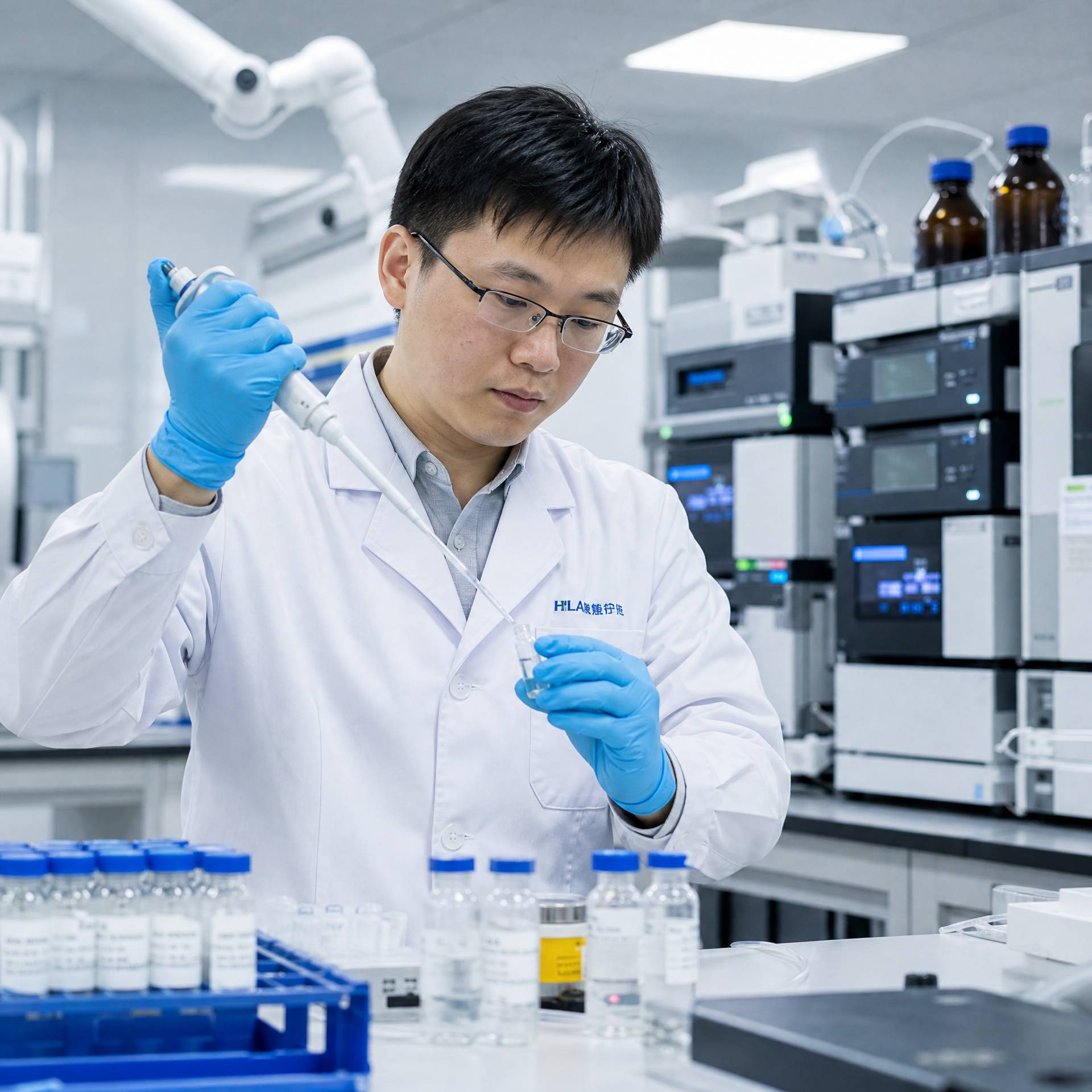 A professional Asian Chinese laboratory researcher in a white lab coat, working in a modern chemical analysis lab. They are pipetting a clear liquid into a vial for a stability test. Advanced analytical instruments are in the background. Scientific, focused, photorealistic.
