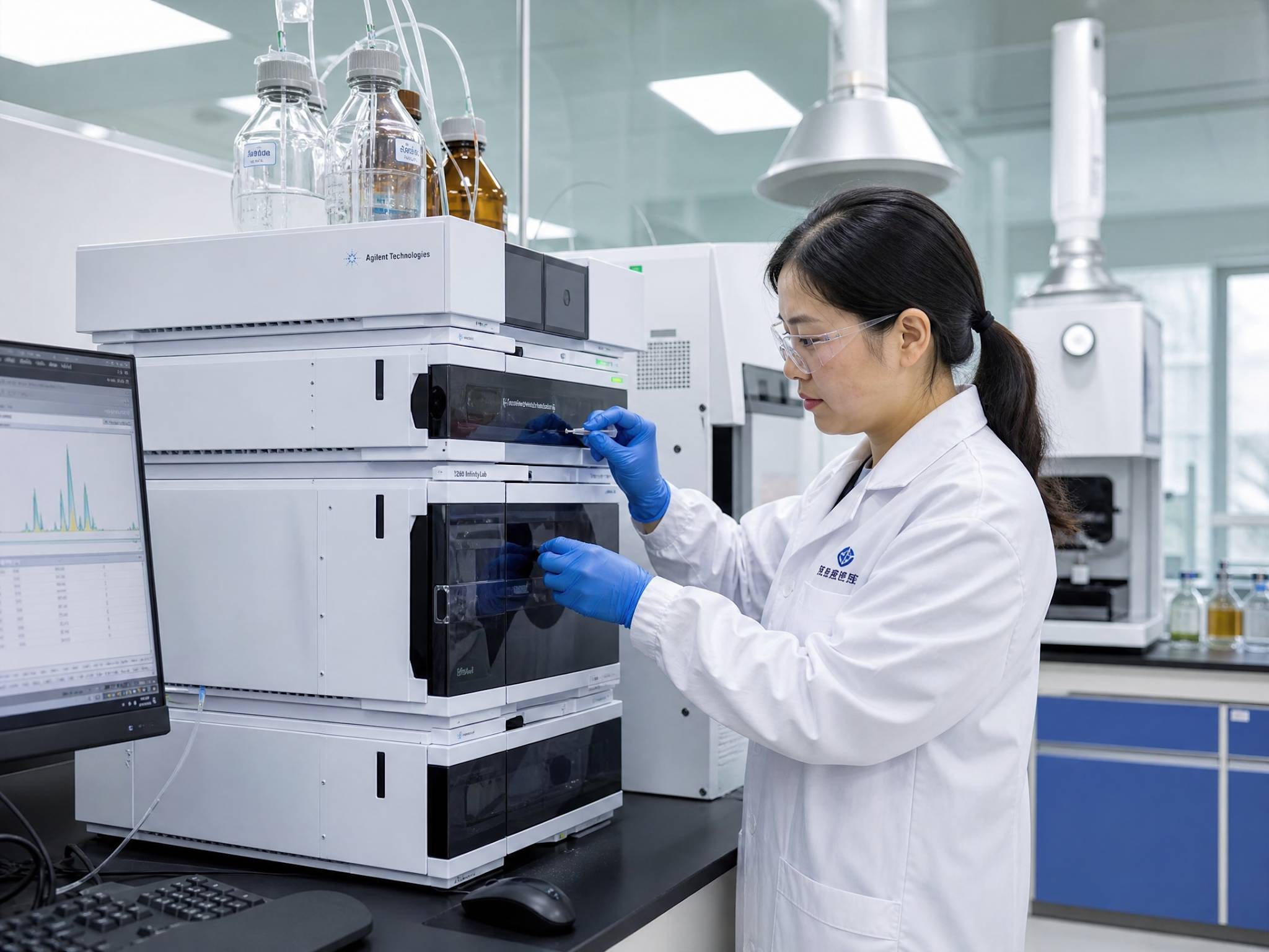 A professional Asian Chinese chemist in a white lab coat performing advanced analytical testing (like HPLC or ICP-OES) in a state-of-the-art laboratory. Focus on the sophisticated equipment and the chemist's precise movements. Clean, scientific, photorealistic.