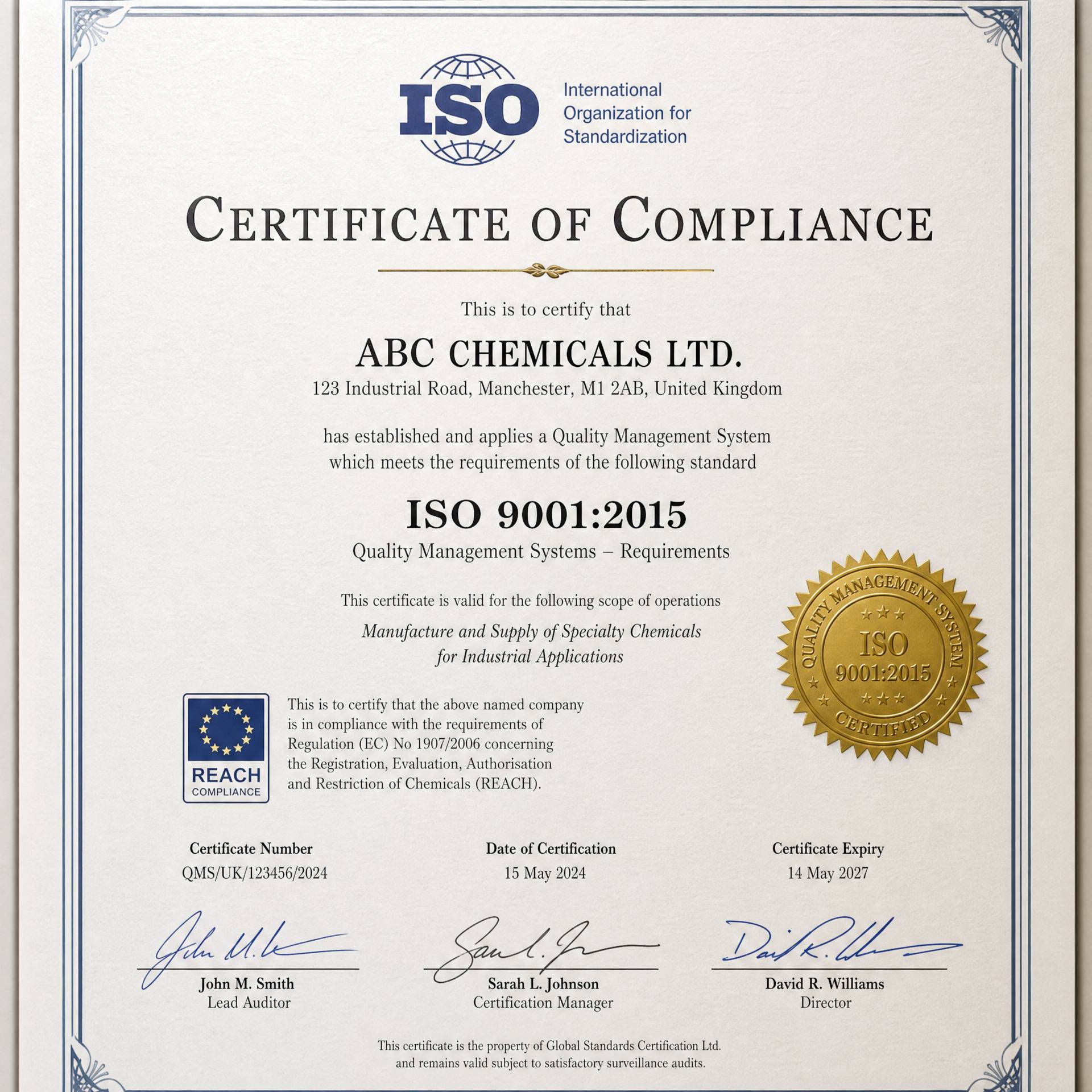 A high-quality close-up of an official ISO 9001 and REACH compliance certificate with a gold seal and professional signatures. The background is a clean, textured paper, suggesting authenticity and quality. Photorealistic.
