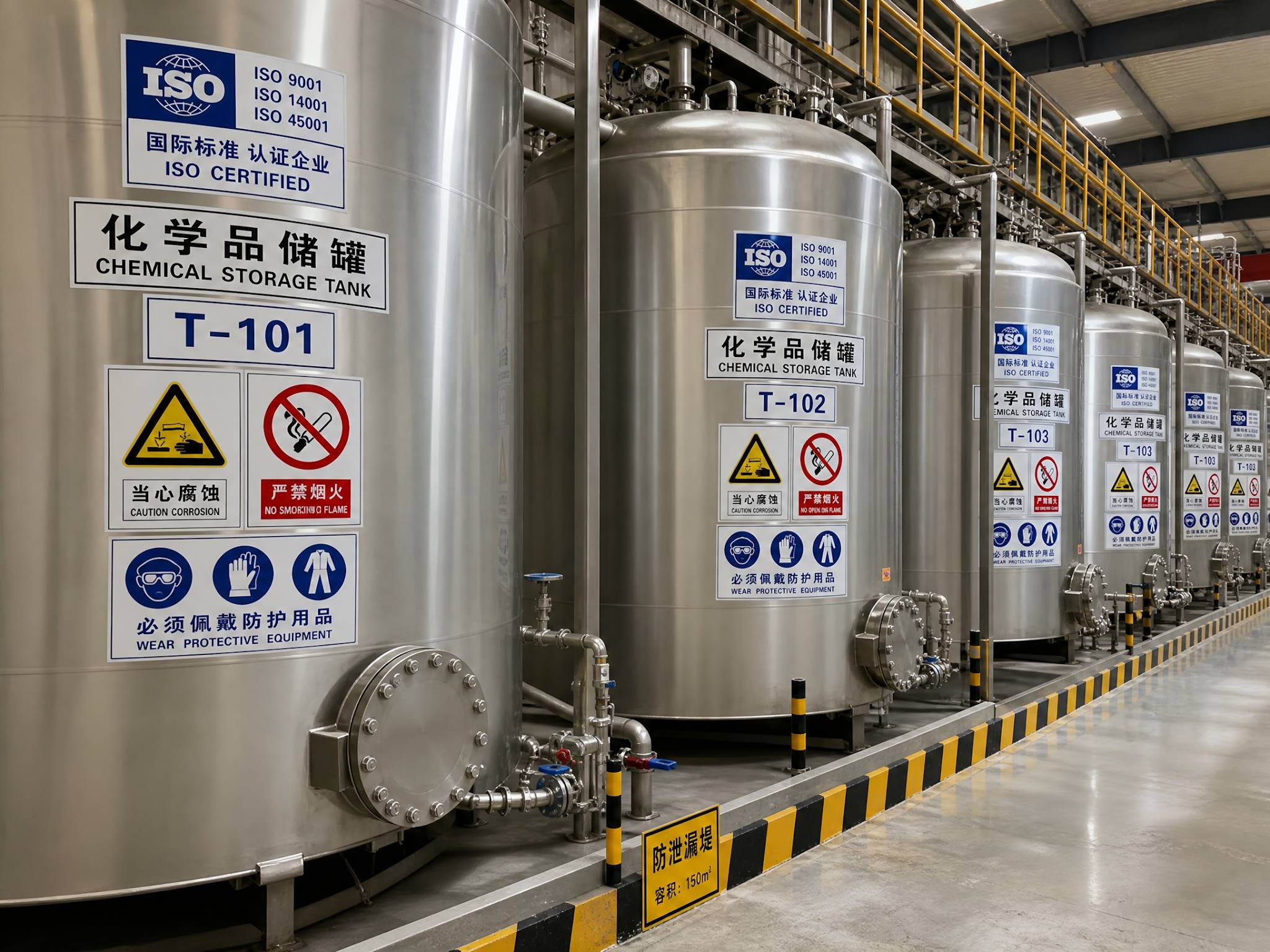 A row of stainless steel chemical storage tanks in a Chinese factory. Prominent safety and compliance signs in both Chinese and English, including ISO and safety warnings. Clean, well-maintained industrial setting, photorealistic.