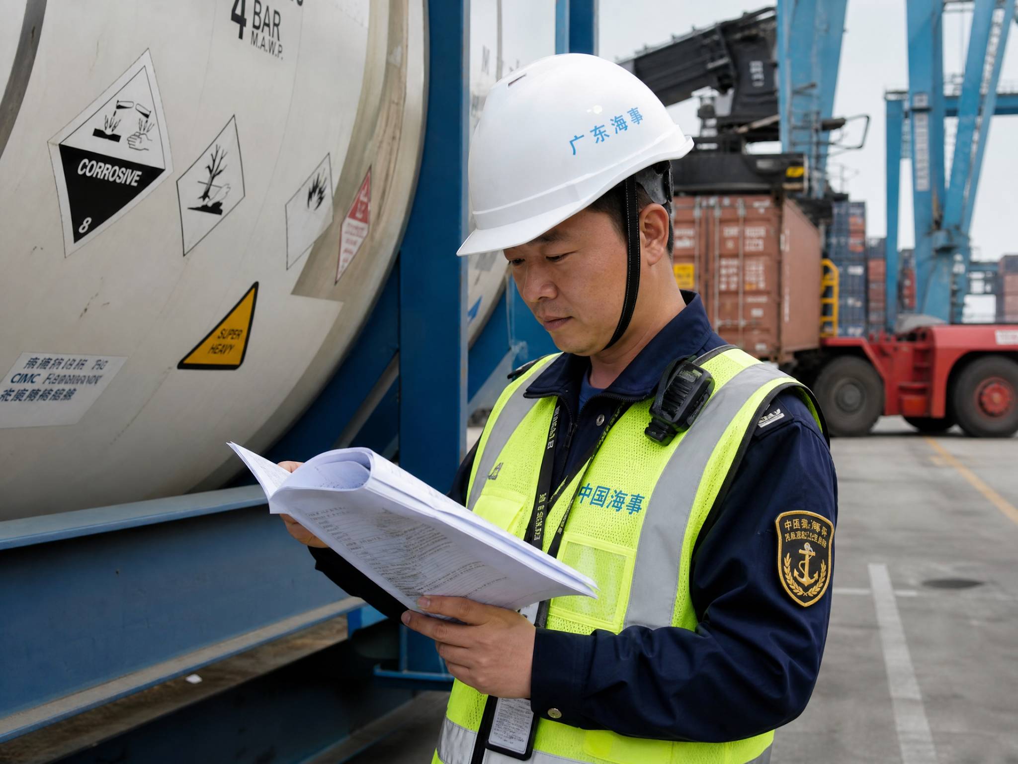 A professional Asian Chinese logistics officer in a high-visibility vest at a busy port, carefully checking shipping documents and certificates against a large chemical container. Dynamic port background, focused expression, photorealistic.