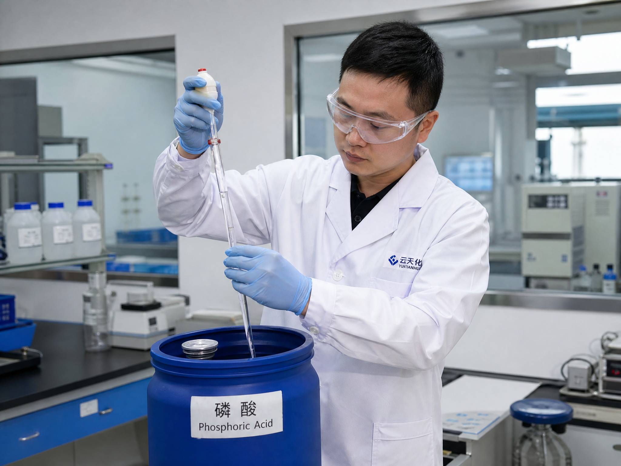 Technicien chinois professionnel du contrôle qualité, portant une blouse blanche et des lunettes de protection, prélevant soigneusement un échantillon d’acide phosphorique dans un grand fût bleu à l’aide d’une pipette spécialisée. Laboratoire industriel propre, expression concentrée, rendu photoréaliste.