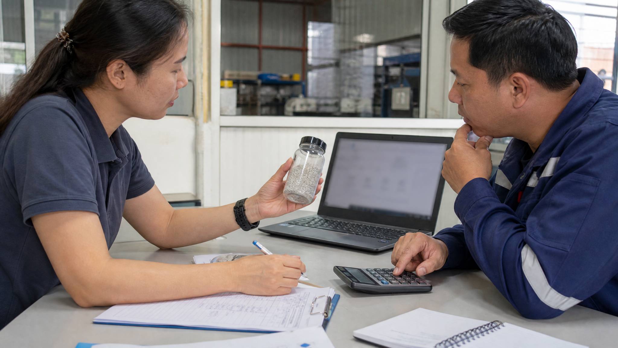 Industrial procurement team comparing a chemical sample, quotation, and bulk order requirements.