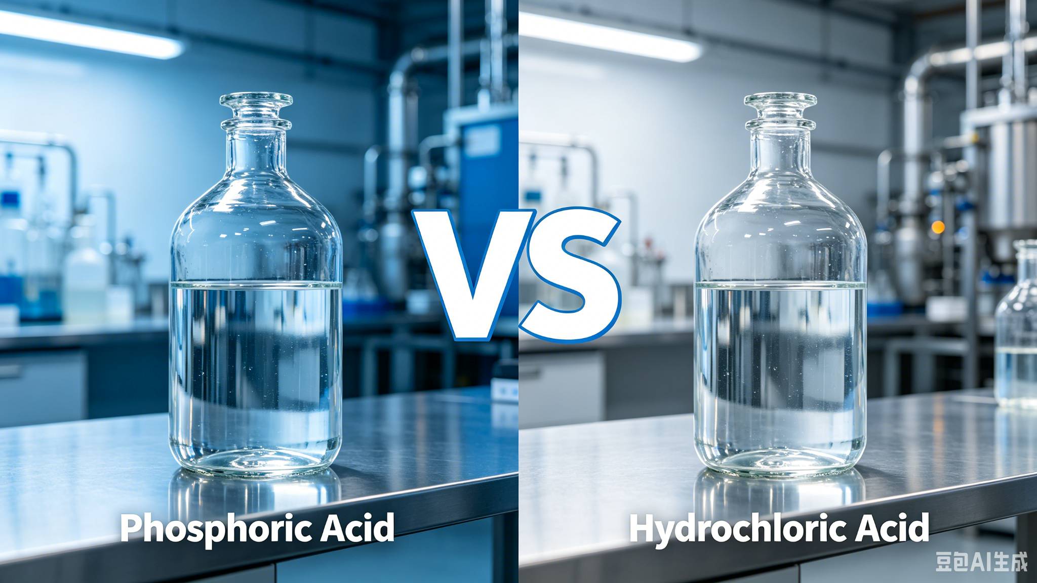 Phosphoric Acid vs Hydrochloric Acid: Which One Should You Buy? 2 Split-screen industrial comparison image showing a reagent bottle of phosphoric acid on the left and a reagent bottle of hydrochloric acid on the right, separated by a central VS label, in a clean blue-white B2B visual style.