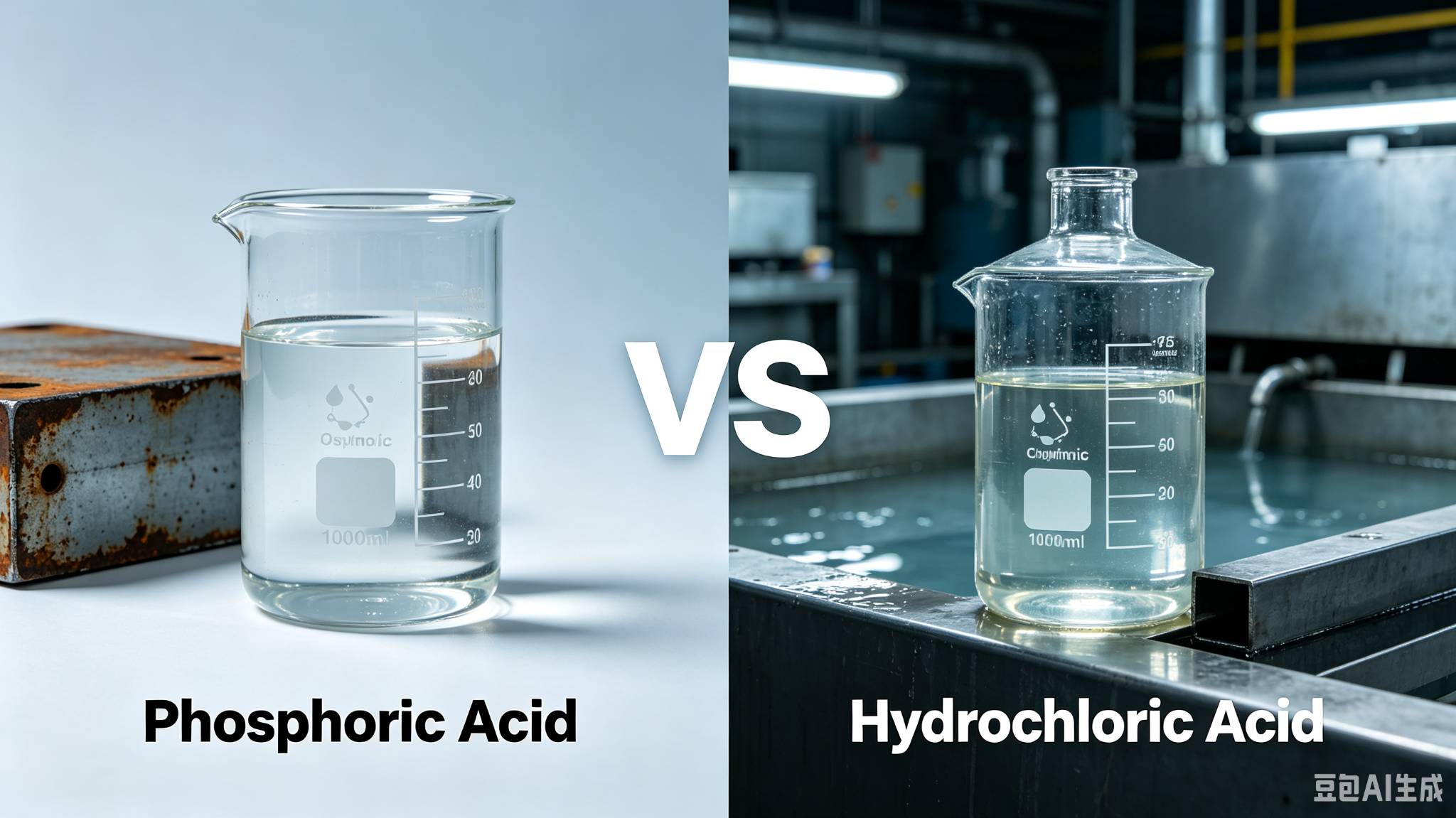 Phosphoric Acid vs Hydrochloric Acid: Which One Should You Buy? 5 Split comparison of phosphoric acid and hydrochloric acid for industrial rust treatment and metal surface preparation