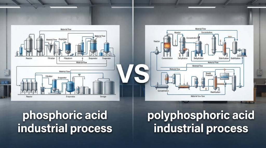 Phosphoric Acid vs Polyphosphoric Acid: Which One Does Your Production Process Need? 3 Industrial process flowchart comparing phosphoric acid (left) and polyphosphoric acid (right) production in a factory setting.