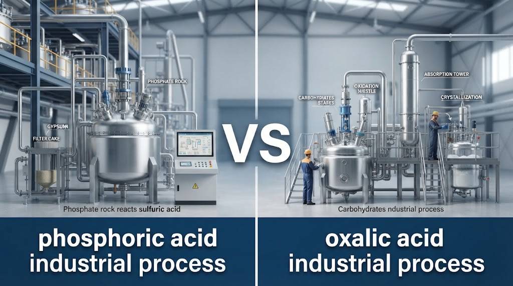Phosphoric Acid vs Oxalic Acid 3 Side-by-side industrial infographic comparing chemical plants for producing phosphoric acid (left) and oxalic acid (right)