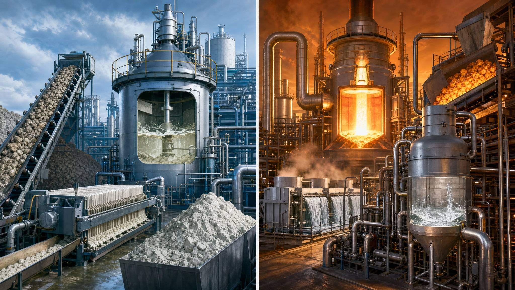 Conceptual split-screen illustration of wet-process and thermal-process phosphoric acid production, with phosphate rock, filtration equipment, and cool blue process tanks on the left, and high-temperature oxidation equipment with orange furnace light on the right.