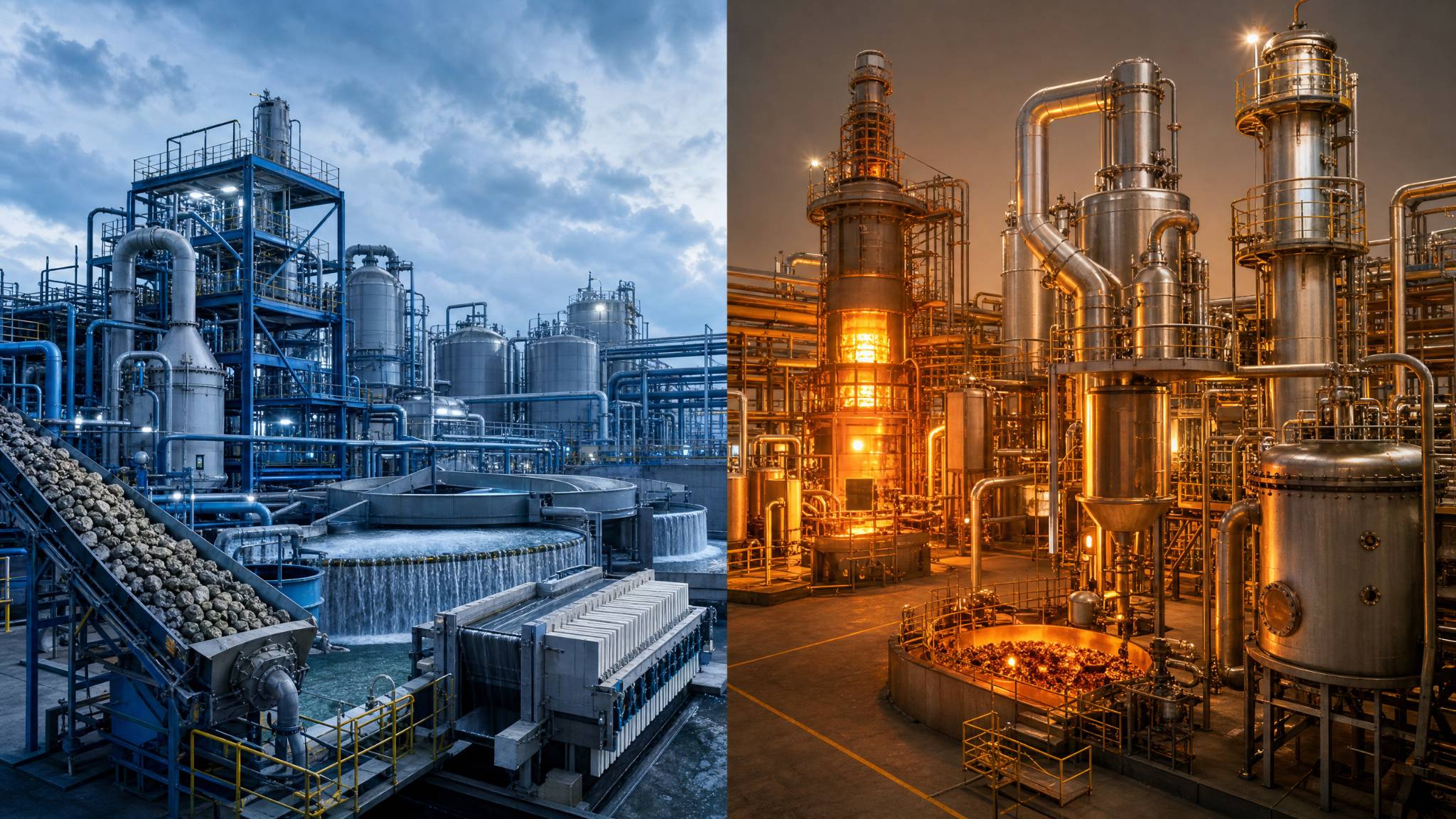 Conceptual industrial illustration comparing wet-process and thermal-process phosphoric acid manufacturing, showing phosphate rock conveyors, liquid treatment tanks, and filtration equipment on the left, with heated oxidation towers and stainless-steel processing equipment on the right.